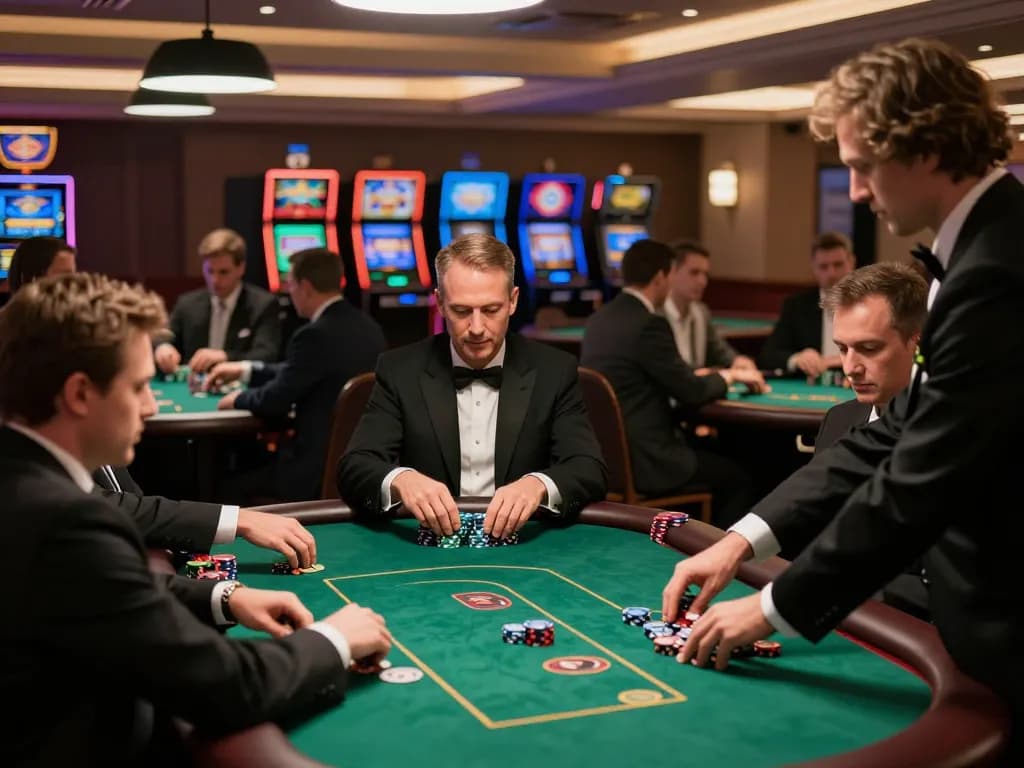 SC88 poker players engaging in high-stakes tournament with chips stacked thoughtfully.