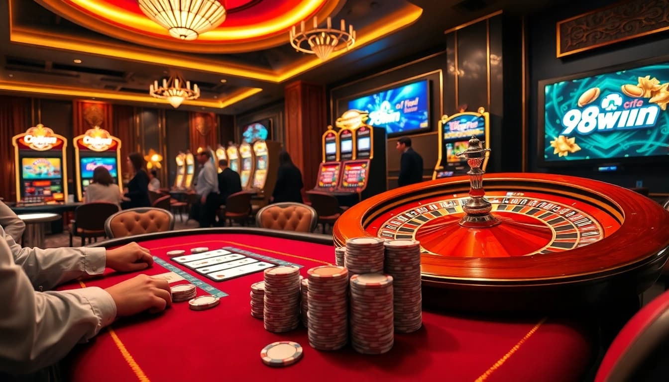Exciting action at nhà cái 98win poker table with vibrant cards and chips.