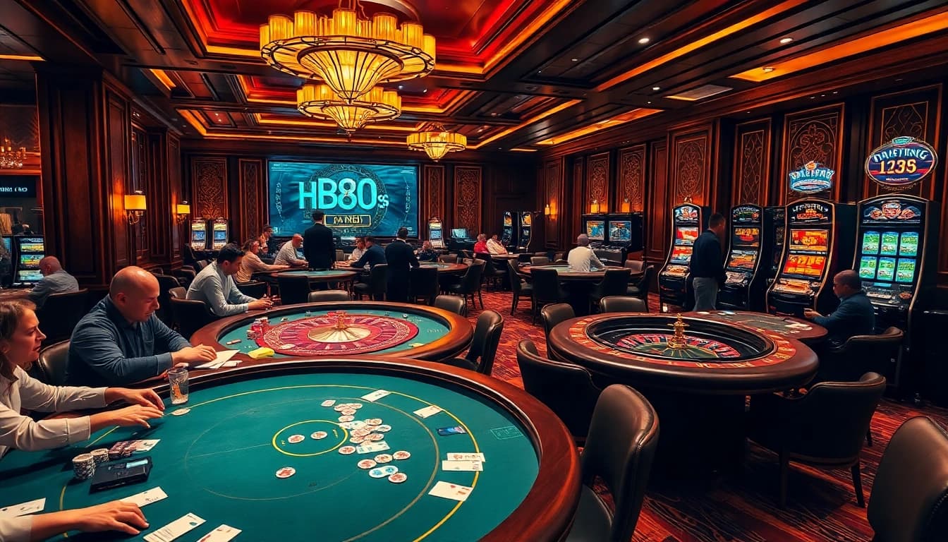 Exciting casino atmosphere showing players at HB88 clinic's gaming tables and slot machines.