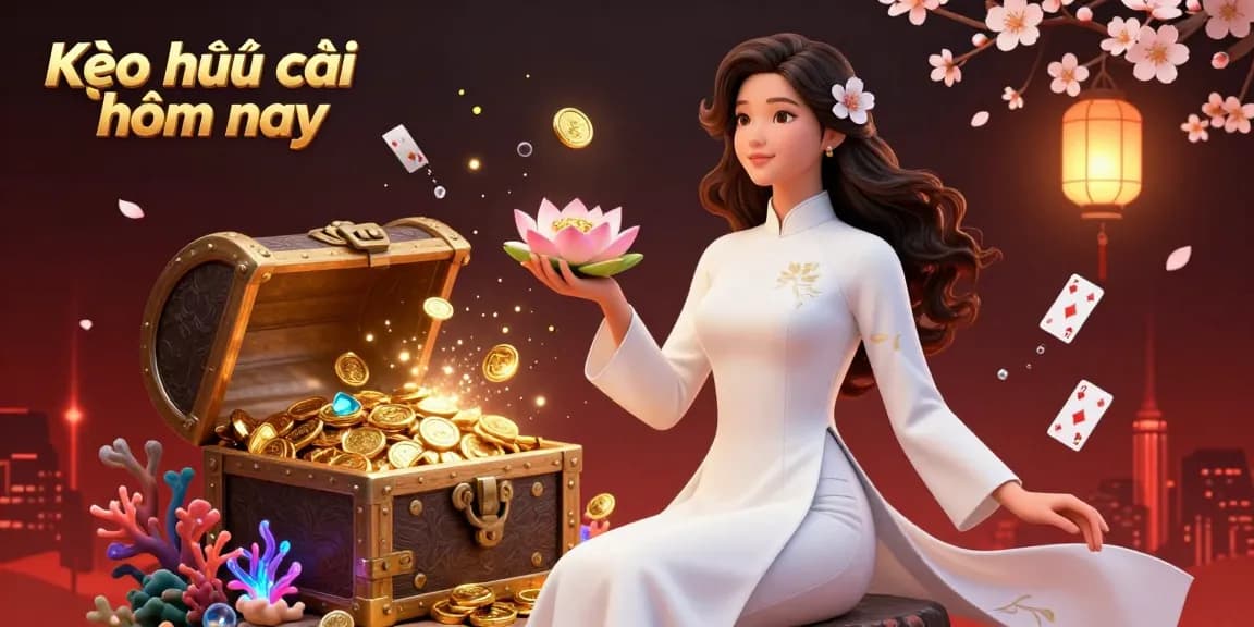 Engage in Kèo nhà cái hôm nay with this vibrant casino scene featuring a graceful Asian woman surrounded by treasure elements.