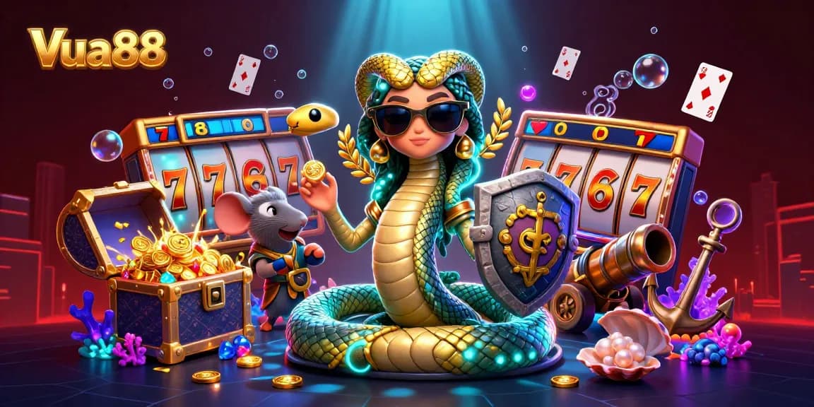 Vua88 enhances your gaming experience with a whimsical illustration of a friendly Medusa in a vibrant casino.