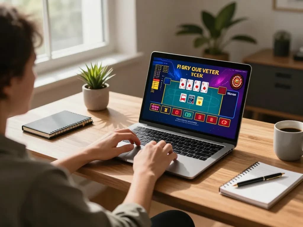 Player enjoying NK88 online gaming with a laptop in a cozy home office setting