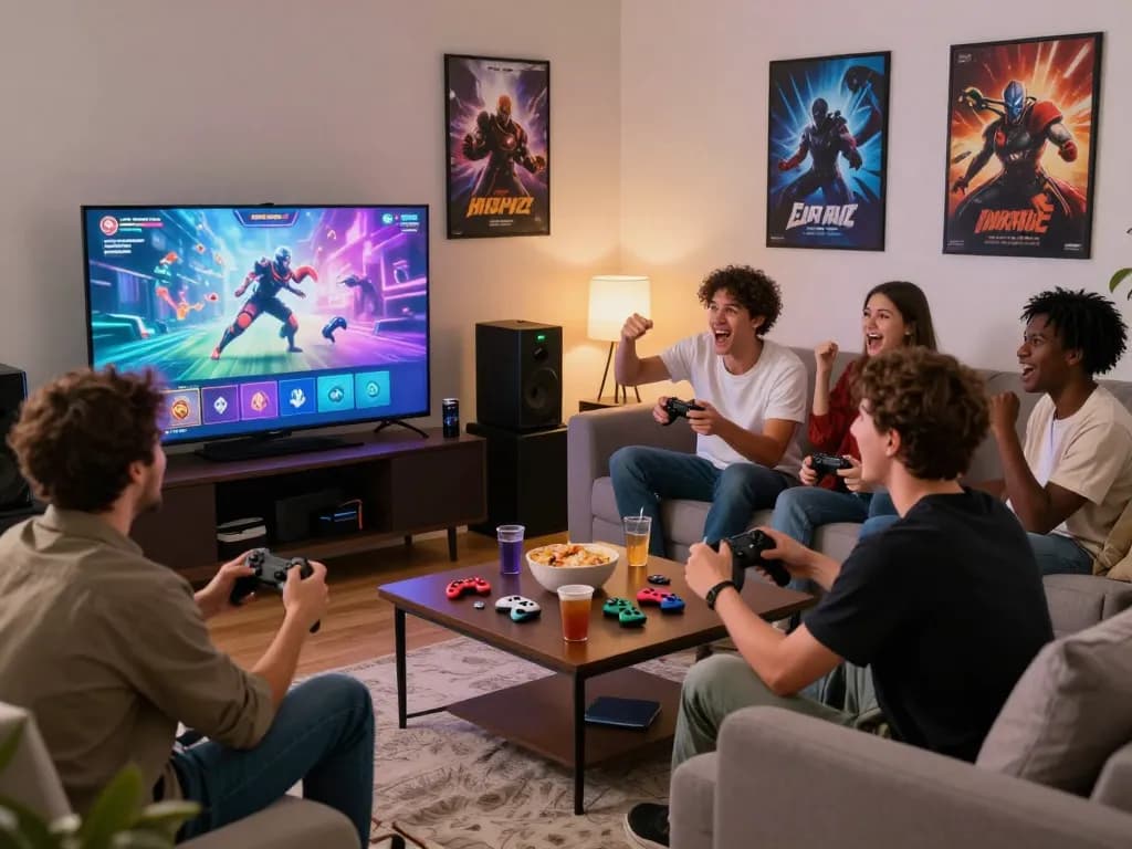 Friends enjoying a lively gaming session featuring rikvip games in a cozy living room atmosphere.