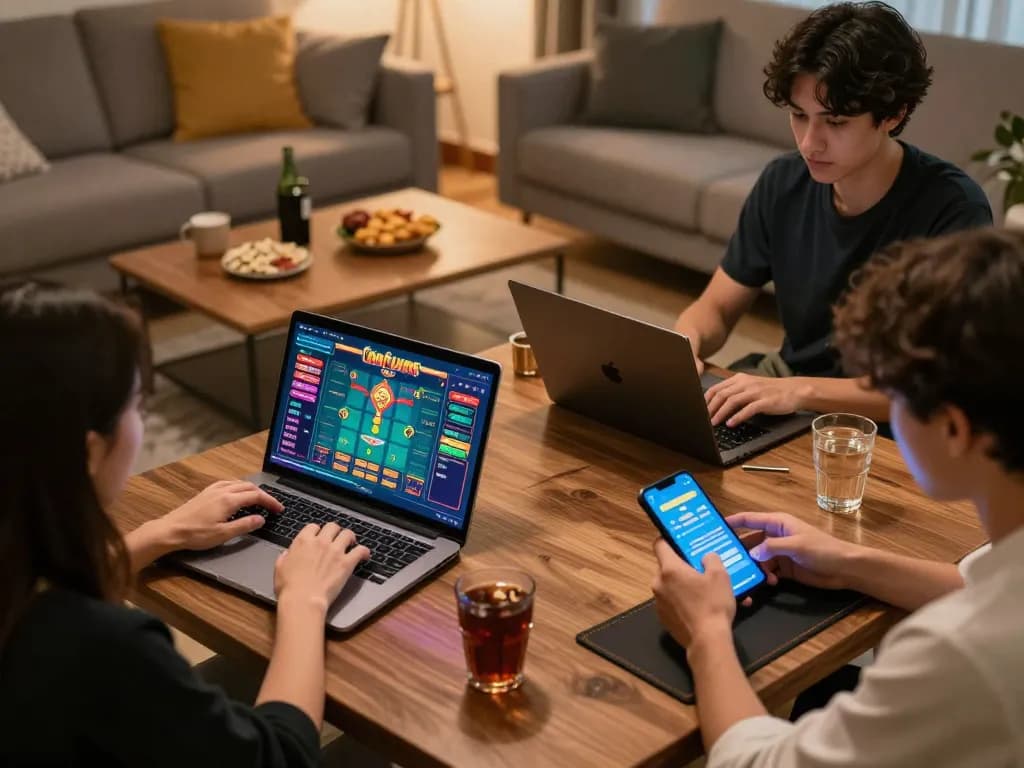 Players enjoying game bài đổi thưởng on their devices in a cozy home setting, focusing on strategic gameplay.