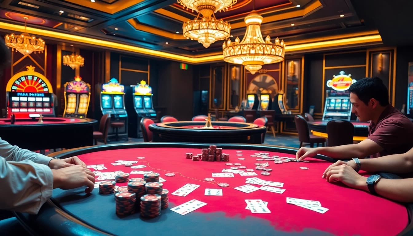 Gambler plays poker at a luxury table scene, showcasing the excitement of luongsontv60com's gambling experience.
