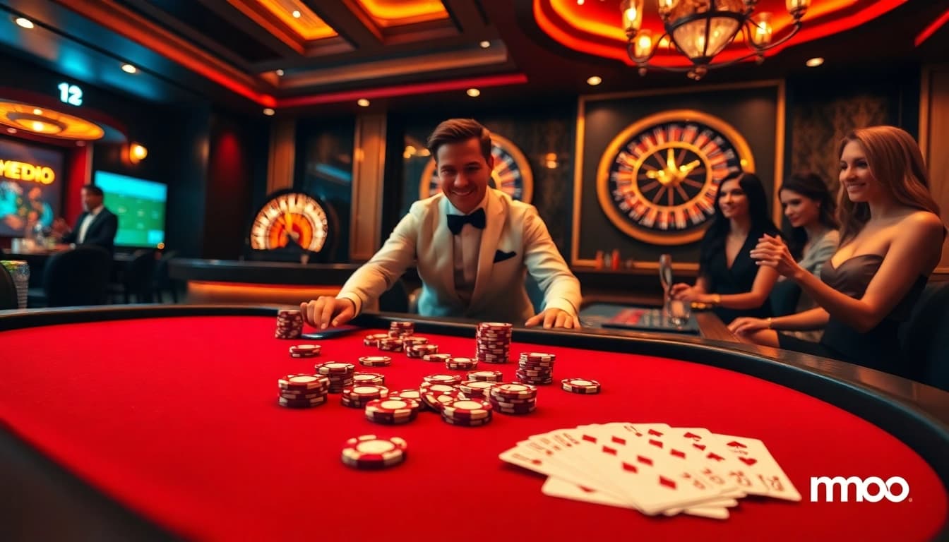 Experience the thrill of mmoo with vibrant poker chips and an elegant dealer at a luxurious casino.