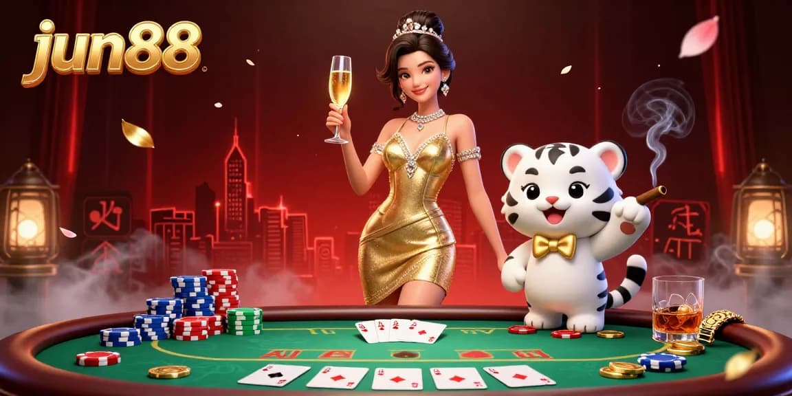 Experience thrilling jun88 gaming moments with a glamorous character and lucky tiger in a vibrant casino scene.