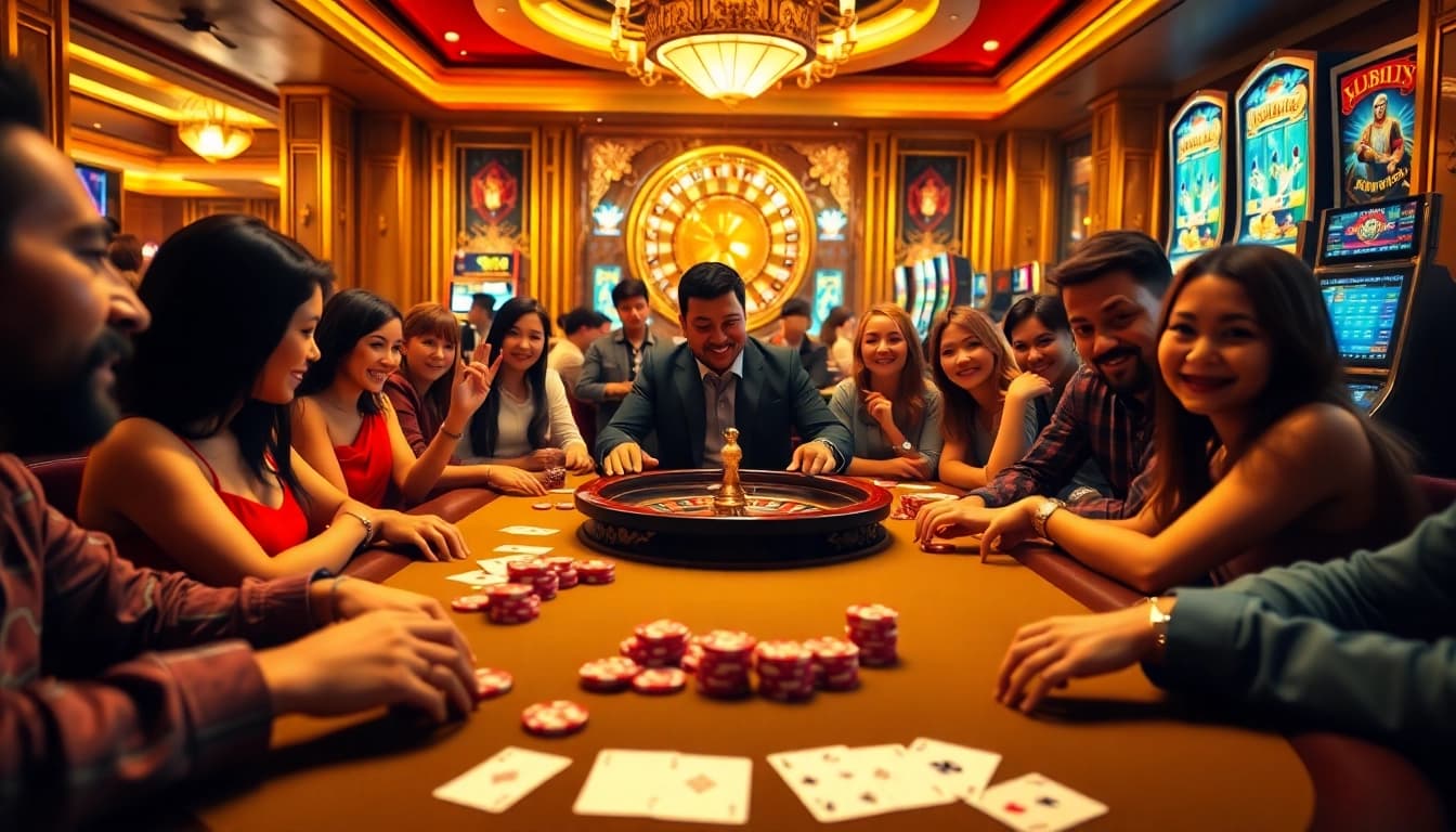 Engaging scene of players at a poker table in a casino from https://xx88.lol/ showcasing excitement and luxury.