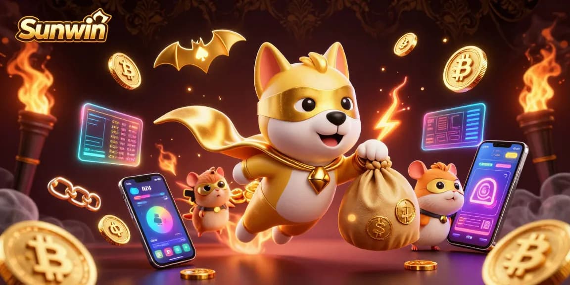 Sunwin superhero dog flying with gold coins, showcasing vibrant casino elements around