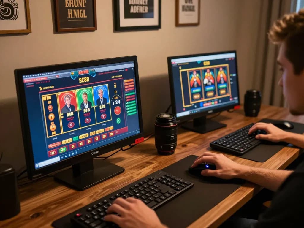 Engaged player using SC88 online casino interface on desktop and laptop for strategic gameplay.