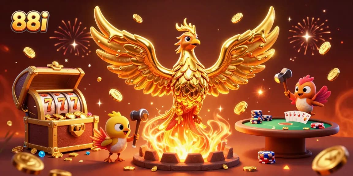 Unleash your luck with 88i's vibrant casino scene featuring a majestic phoenix and slot games.