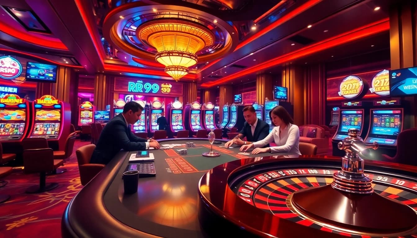 Engage with the excitement of Trang chủ rr99 at a luxurious casino table with players and vibrant games.
