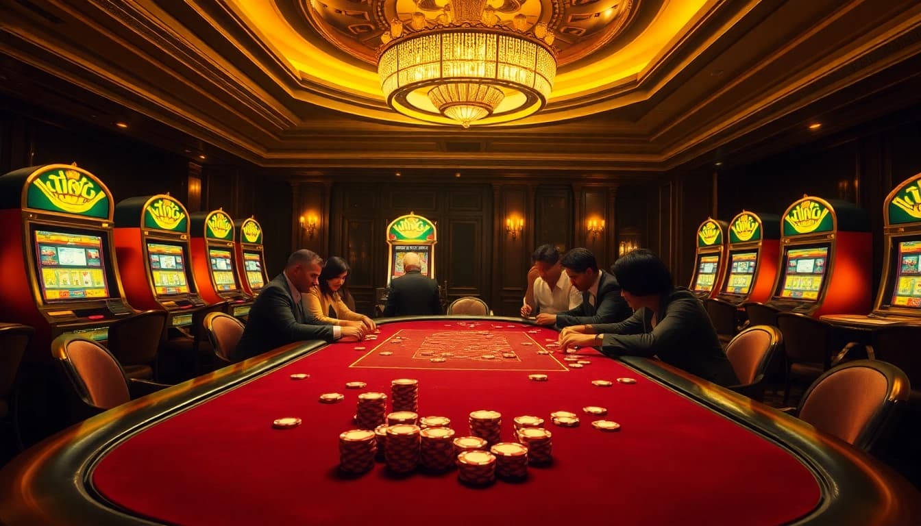 Playing at a vibrant poker table in an upscale casino features hidden wiki tor elements, showcasing vibrant chips and slot machines.