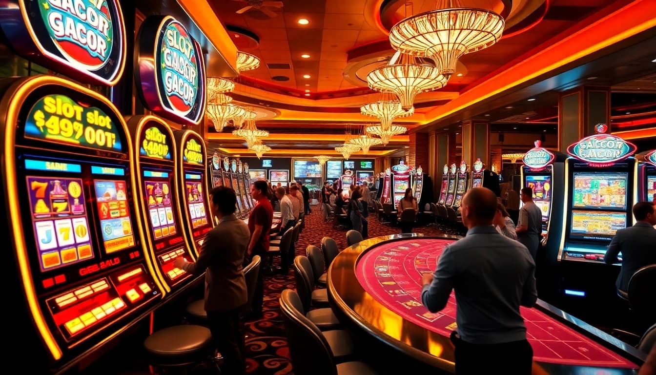 Players celebrating wins at a slot gacor machine in a luxurious casino environment.