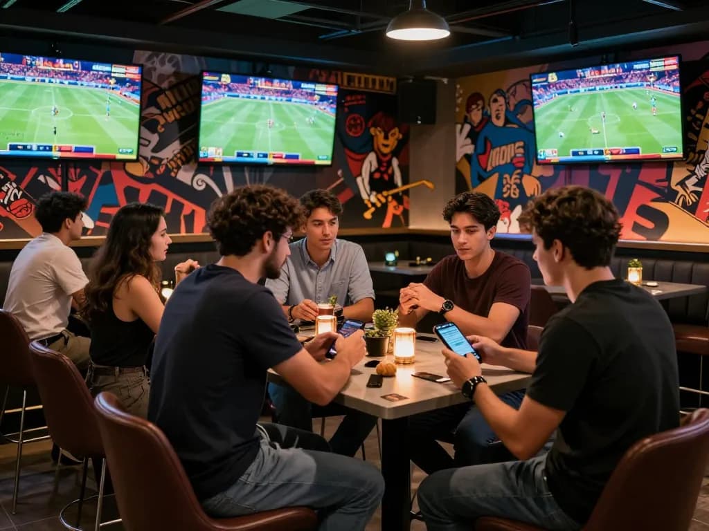 Dynamic scene of sports betting at thể thao mb66 with bettors strategizing and mobile betting