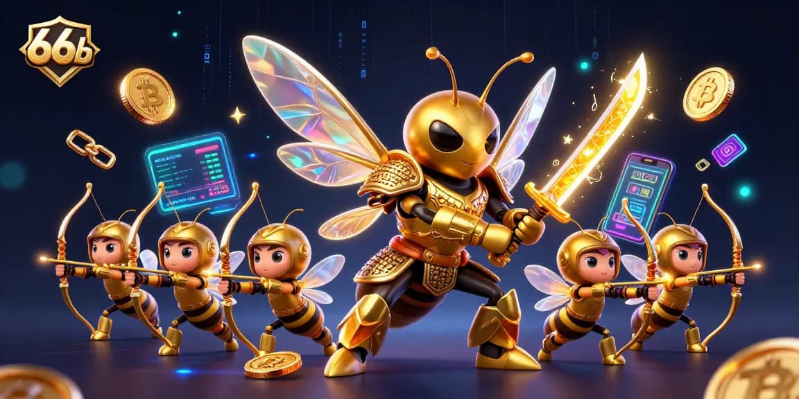 Engage in 66b crypto gaming with a vibrant 3D scene featuring a golden hornet samurai and NFT elements.