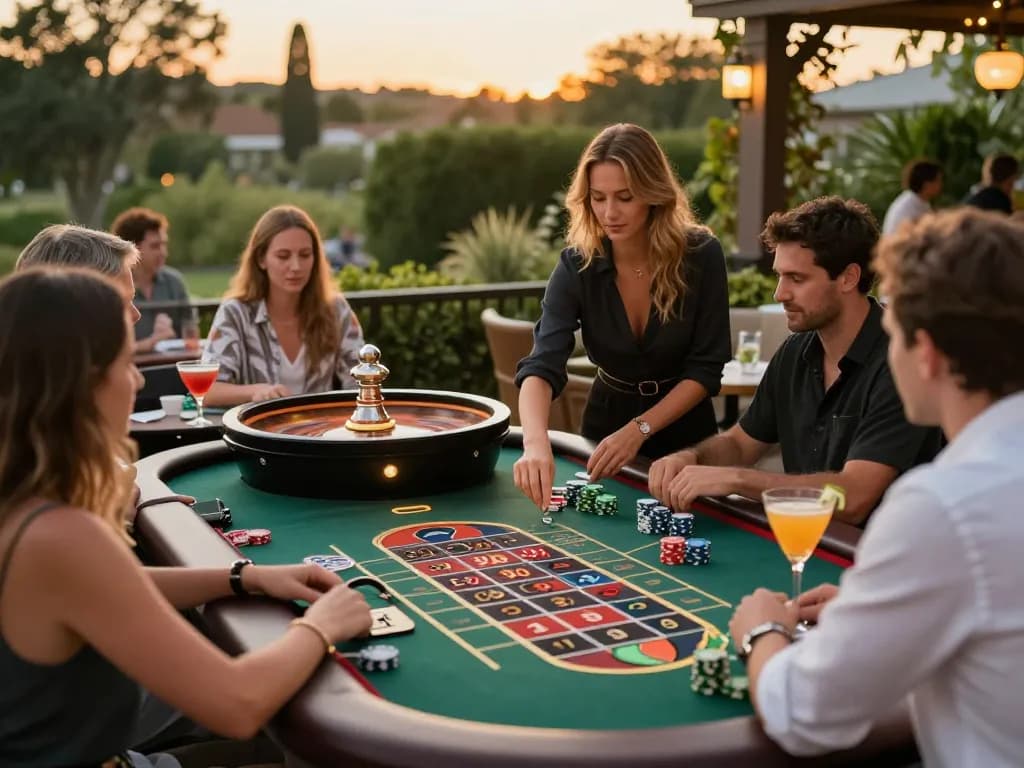 Players engaging at roulette table with VA88 chips in a vibrant casino terrace.