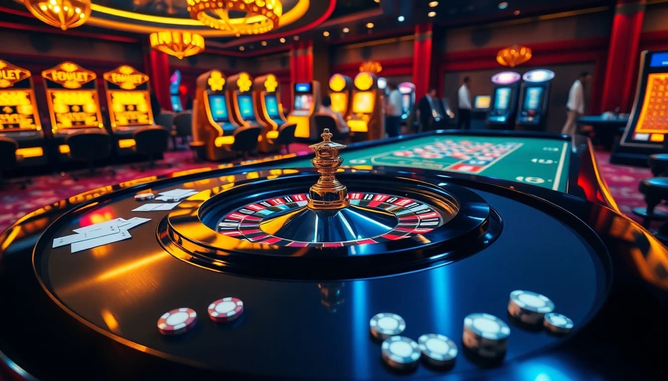 Experience thrilling gameplay at thabet's modern casino setup featuring roulette and slot machines.