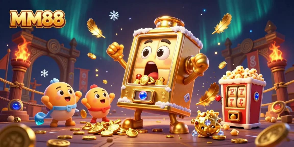 MM88 slot machine hits jackpot, surrounded by cheering machines and vibrant casino elements.