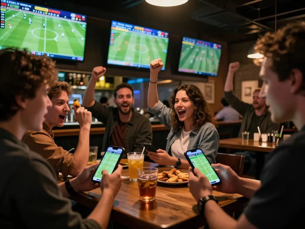 Engaging sports betting environment showcasing kết quả bóng đá on multiple screens in a lively bar.