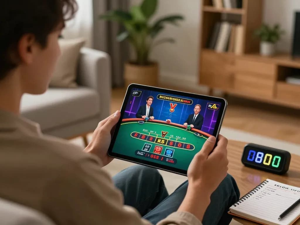 Playing live dealer baccarat on https://da88at.com/ in a cozy living room setting, highlighting responsible gaming