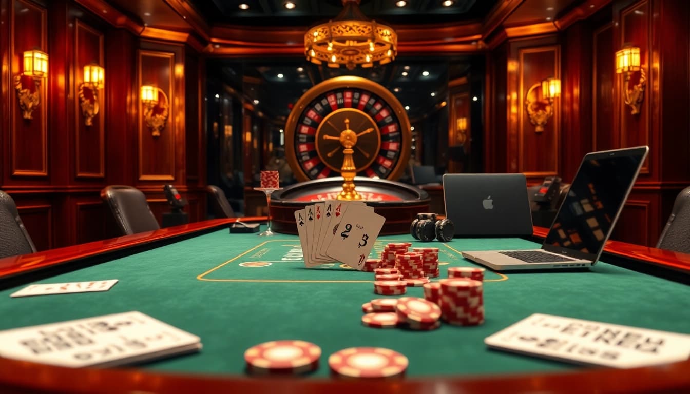 Experience the thrill of high-stakes gaming at https://da88st.com/ with a luxurious poker table and exciting roulette.