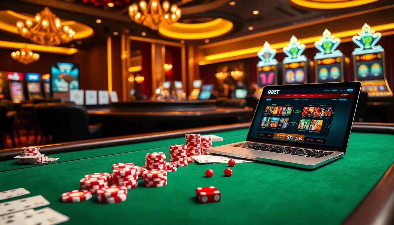 Experience the thrill of gambling at Trang chủ 9BET, featuring elegant casino tables and poker chips.