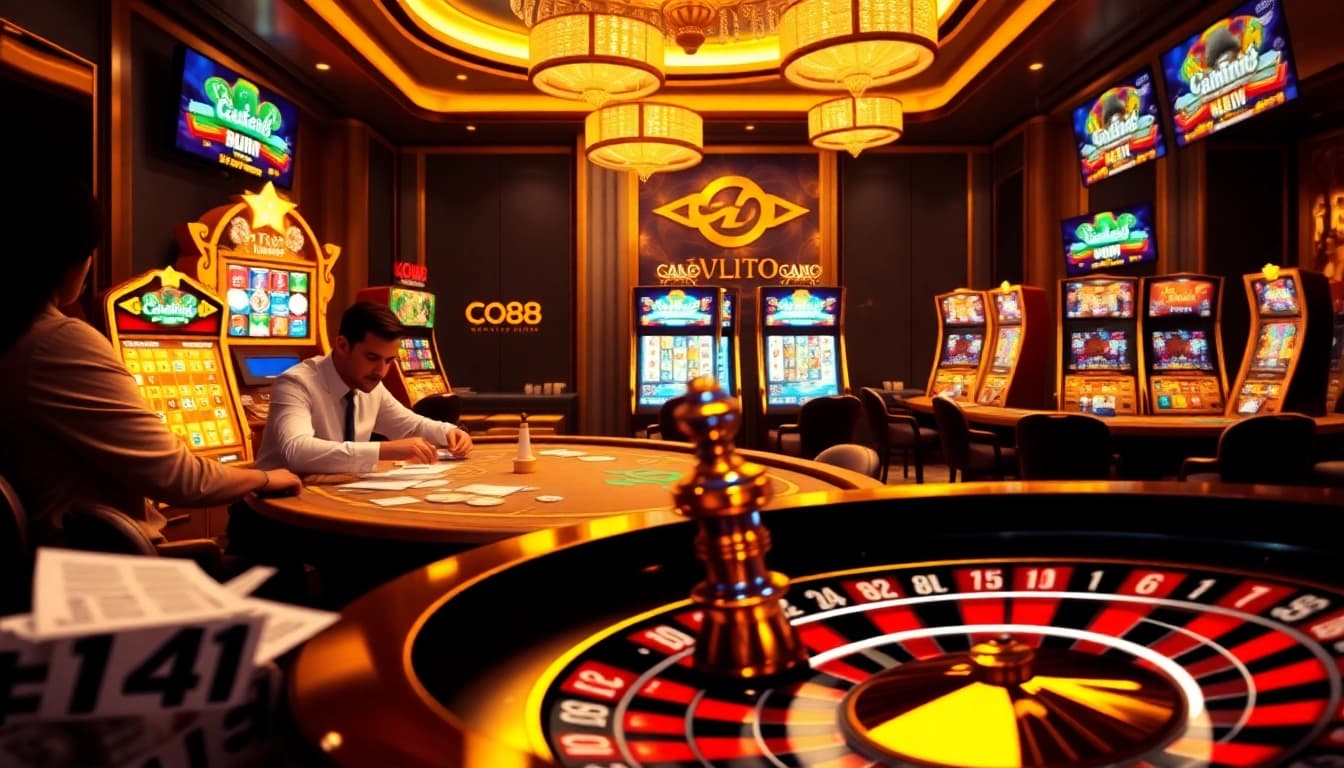 Exciting online casino scene featuring high-stakes poker and vibrant co88 com slot machines.