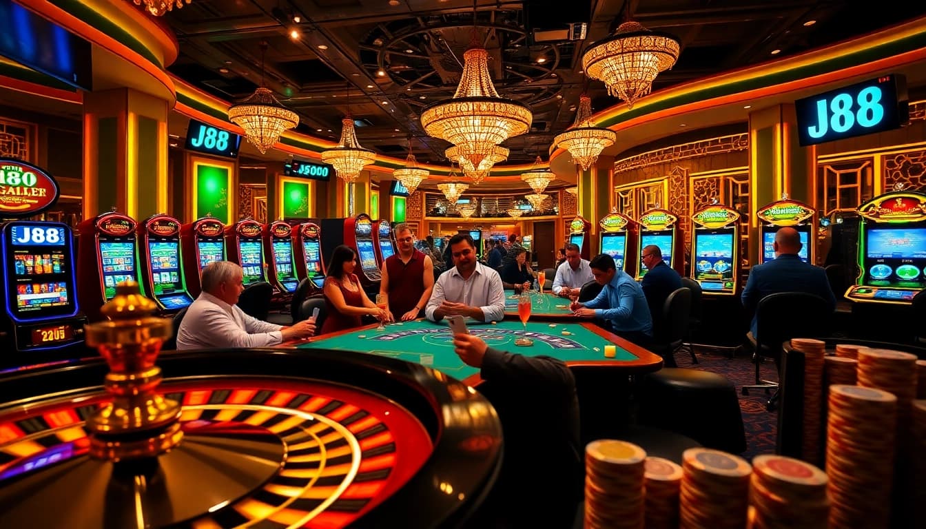 Experience high-stakes poker with j88 chips stacked, illuminating the thrill of casino action.