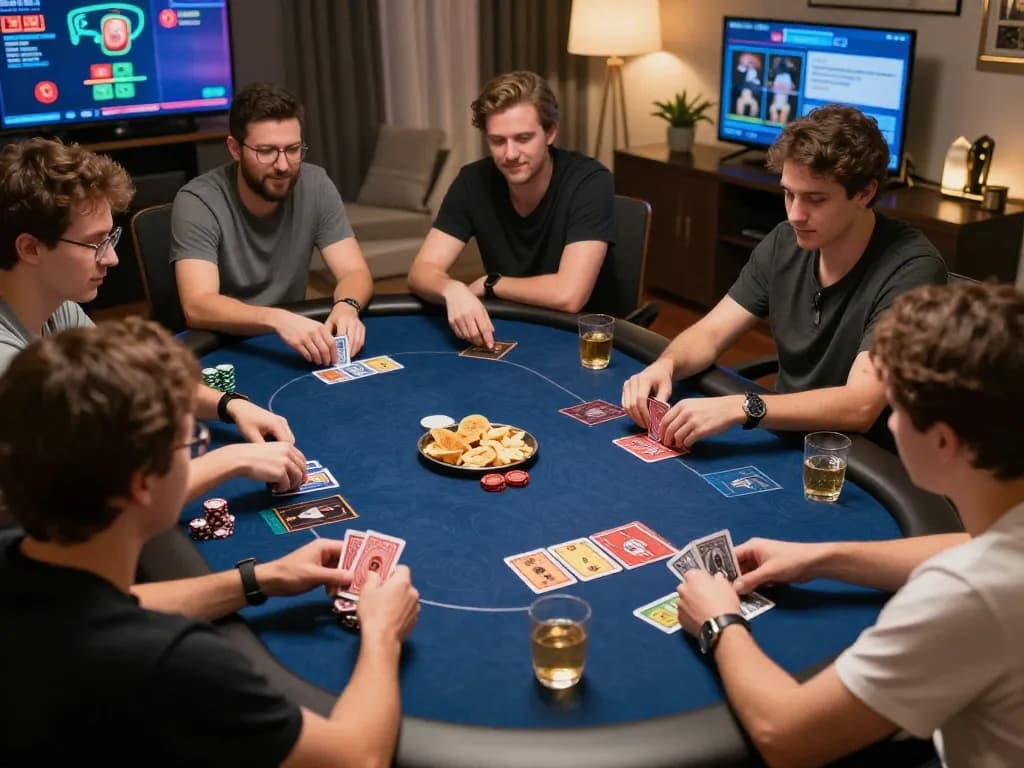 Engaging online poker session at home with friends, capturing the thrill of gi88.