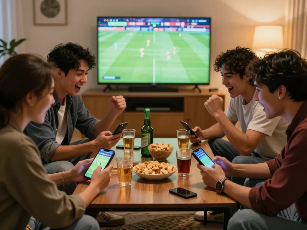 Friends engaging with footballresults on smartphones during an exciting match.