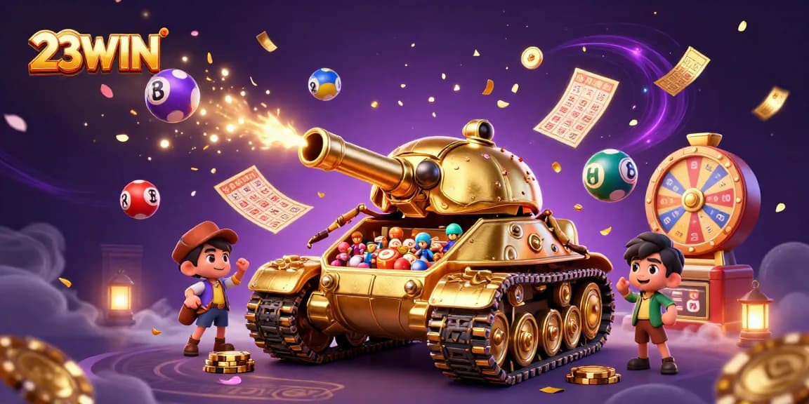 Experience thrilling gaming at 23WIN with a vibrant casino scene and colorful lottery elements.