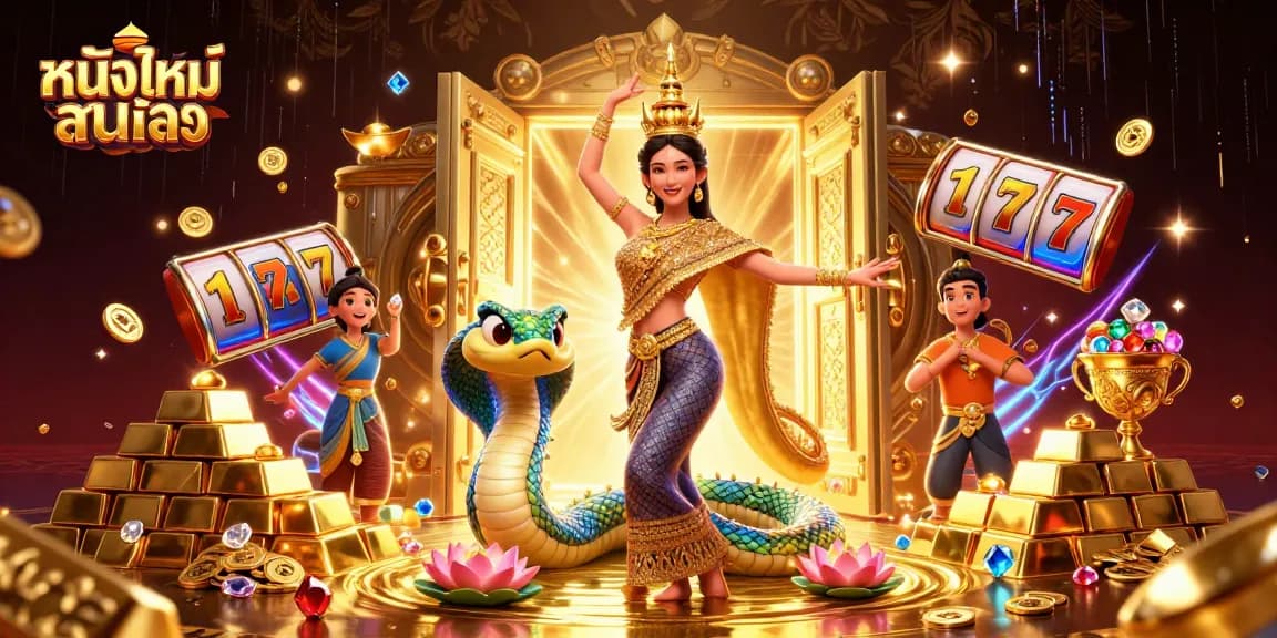 Experience thrilling movie magic with หนังใหม่ชนโรง surrounded by slots and golden treasures in a vibrant scene.
