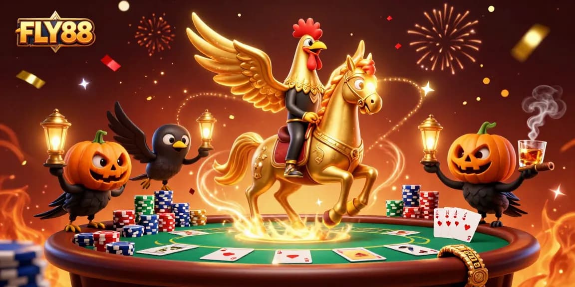 Experience thrilling gameplay at FLY88 with golden rooster characters in a lively casino scene.