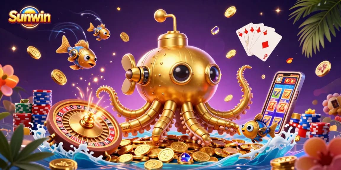 Play exciting games at Sunwin, featuring a golden kraken submarine amidst sparkling treasures and vibrant casino elements.
