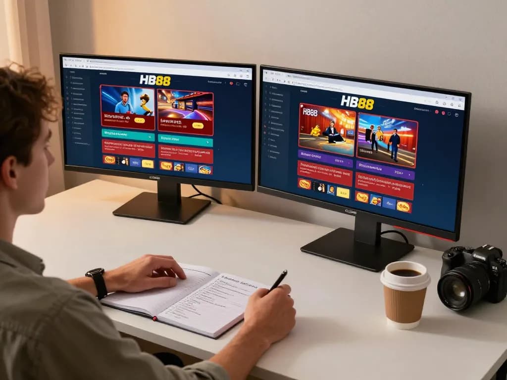 hb88 user engaging with casino app on dual monitors, strategic betting setup with cozy atmosphere