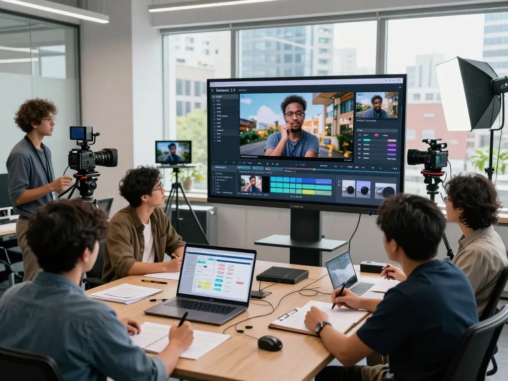 Filmmakers exploring seedance 2.0 AI video generation in a modern workspace, showcasing collaborative creativity.