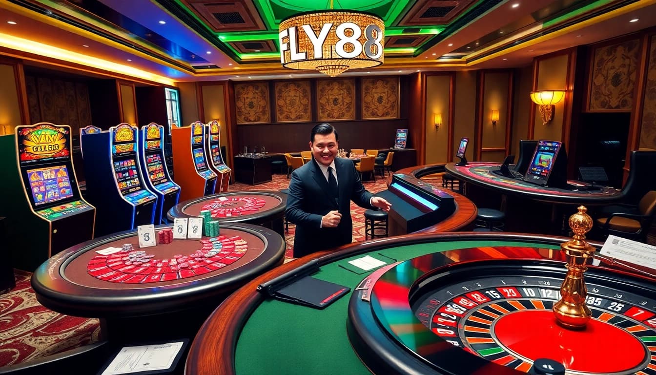 Engaging gamblers at FLY88 with vibrant slot machines and lively poker tables.
