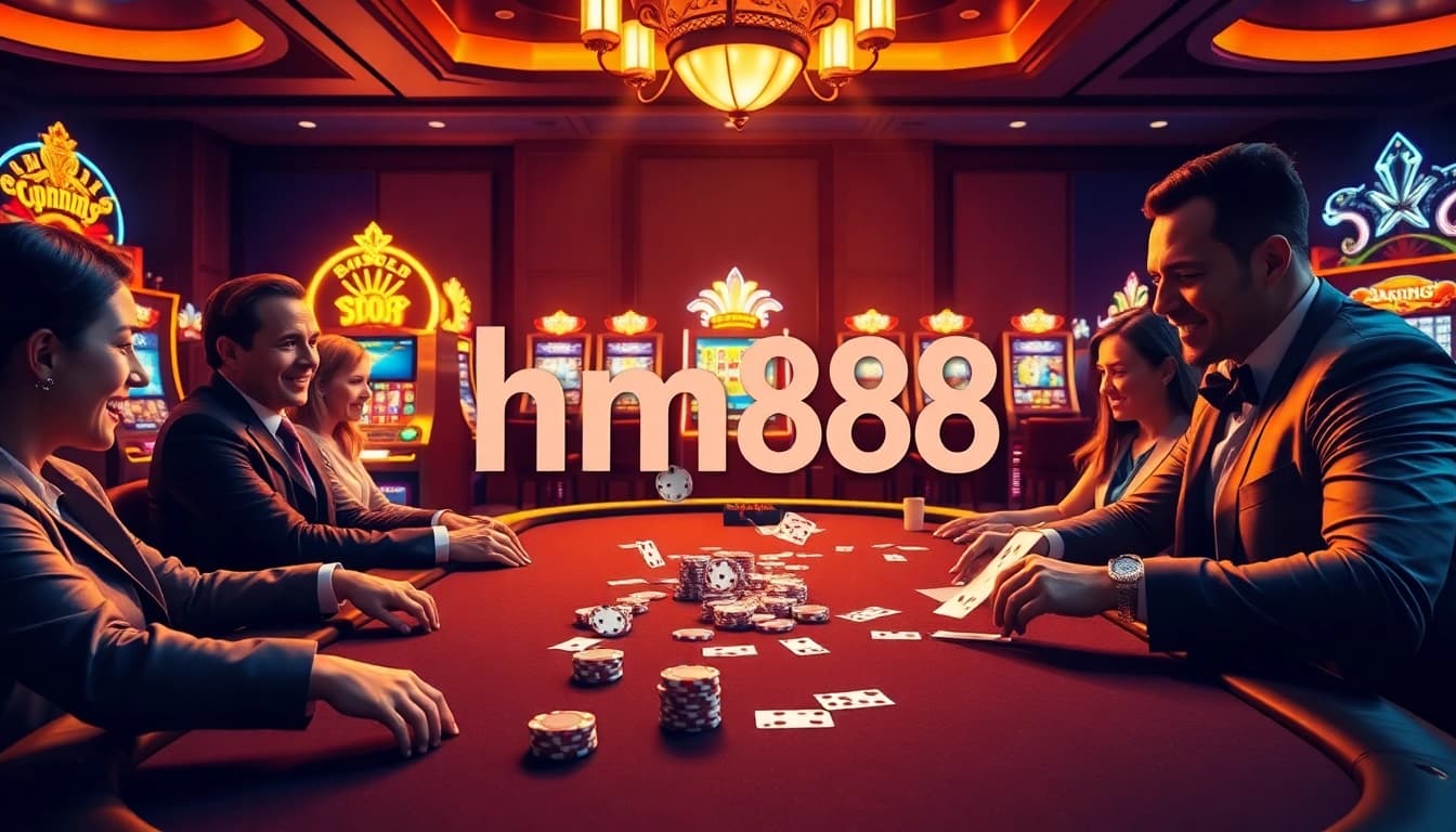 Engage in a thrilling poker game environment at hm88 casino featuring vibrant chips and cards.