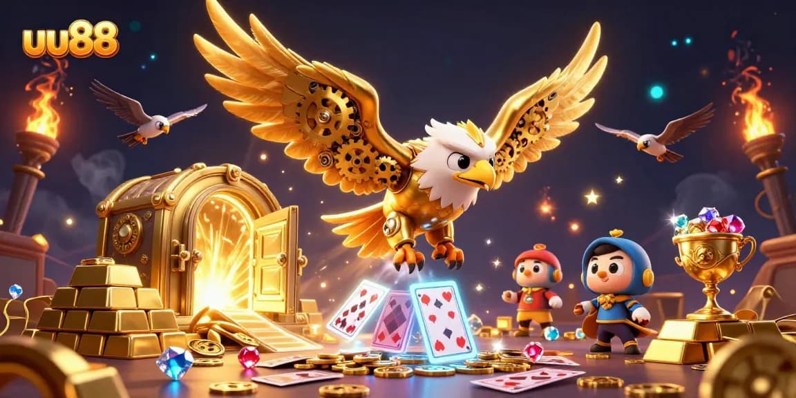 uu88 showcases a vibrant 3D casino scene featuring a golden eagle diving through holographic cards.