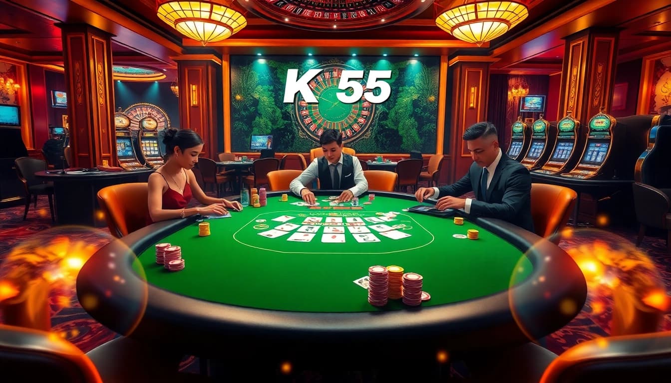 Players enjoying exciting high-stakes poker at KK55 casino table with vibrant chips.