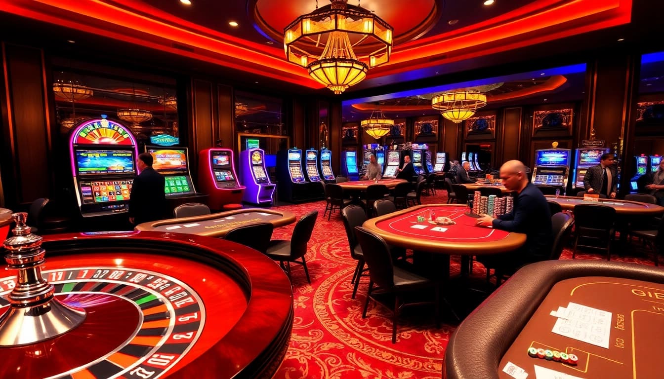 Experience the thrill of gambling at https://nk88top.com/ with luxury casino tables and vibrant slot machines.