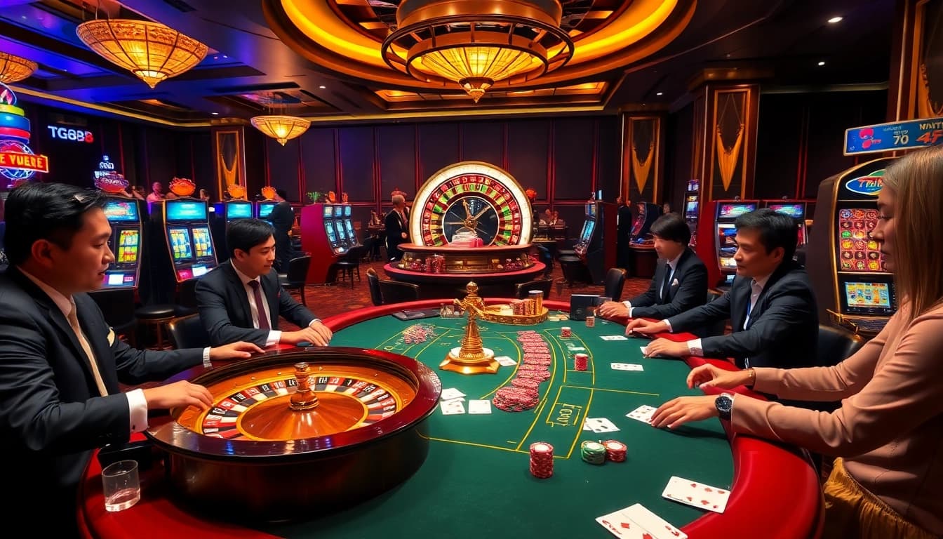 Players engaging at a glamorous tg88 group casino table with vibrant chips and roulette wheel.