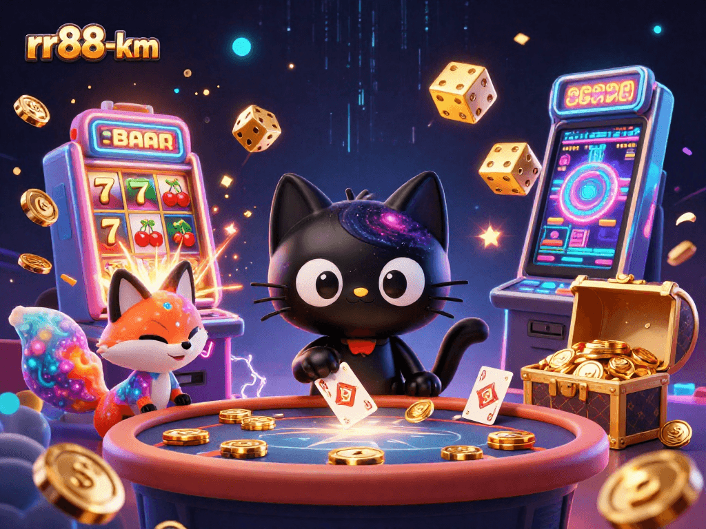 rr88-km Cosmic casino illustration with a black hole cat pulling in golden chips and cards.