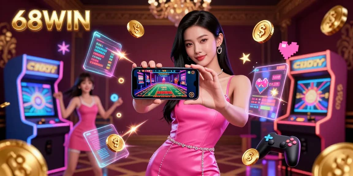 Experience the excitement of online gameplay with 68WIN - vibrant casino elements in a dynamic scene.