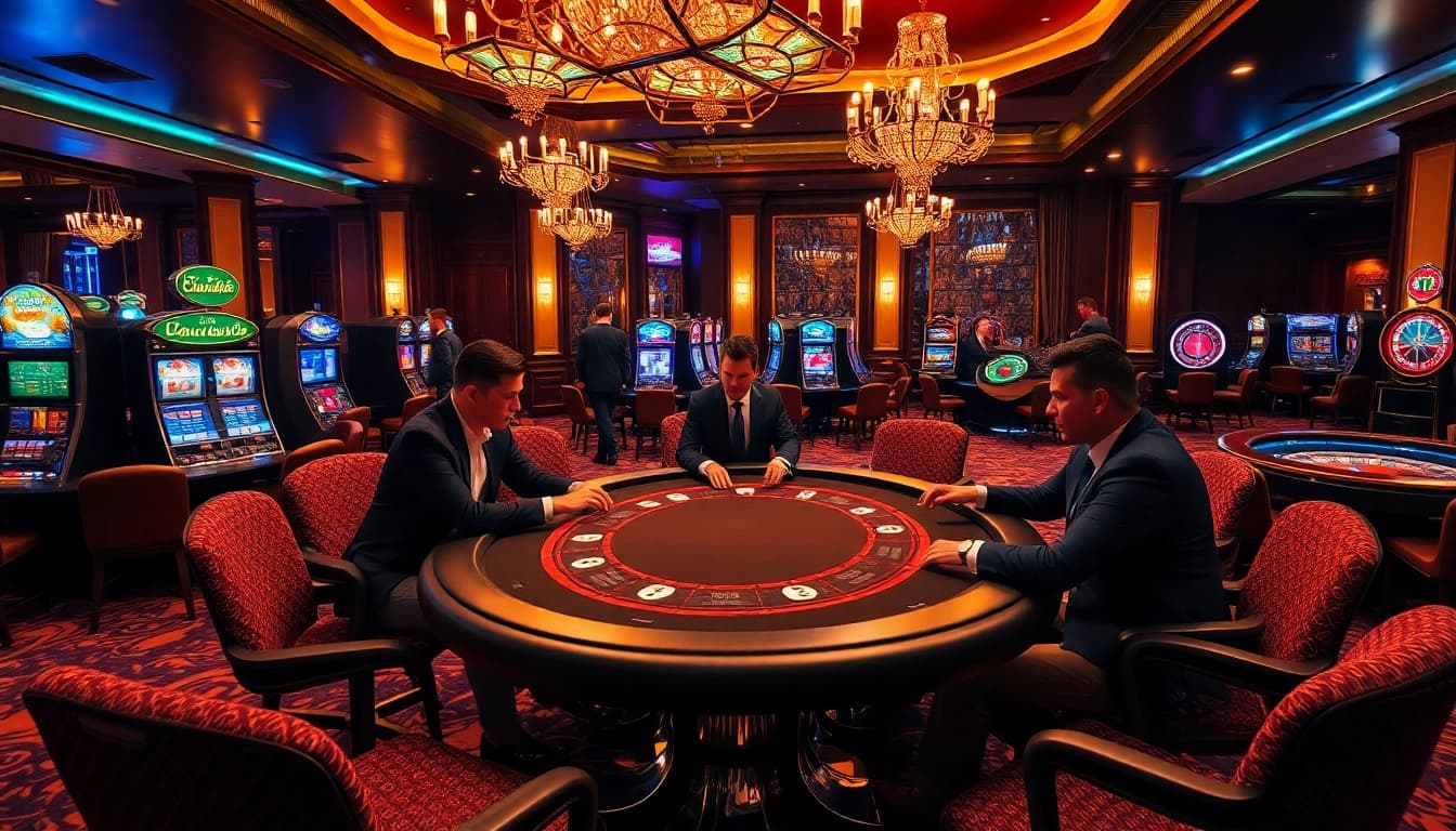 A high-stakes poker game at alo789 casino showcasing strategic players in an elegant setting.