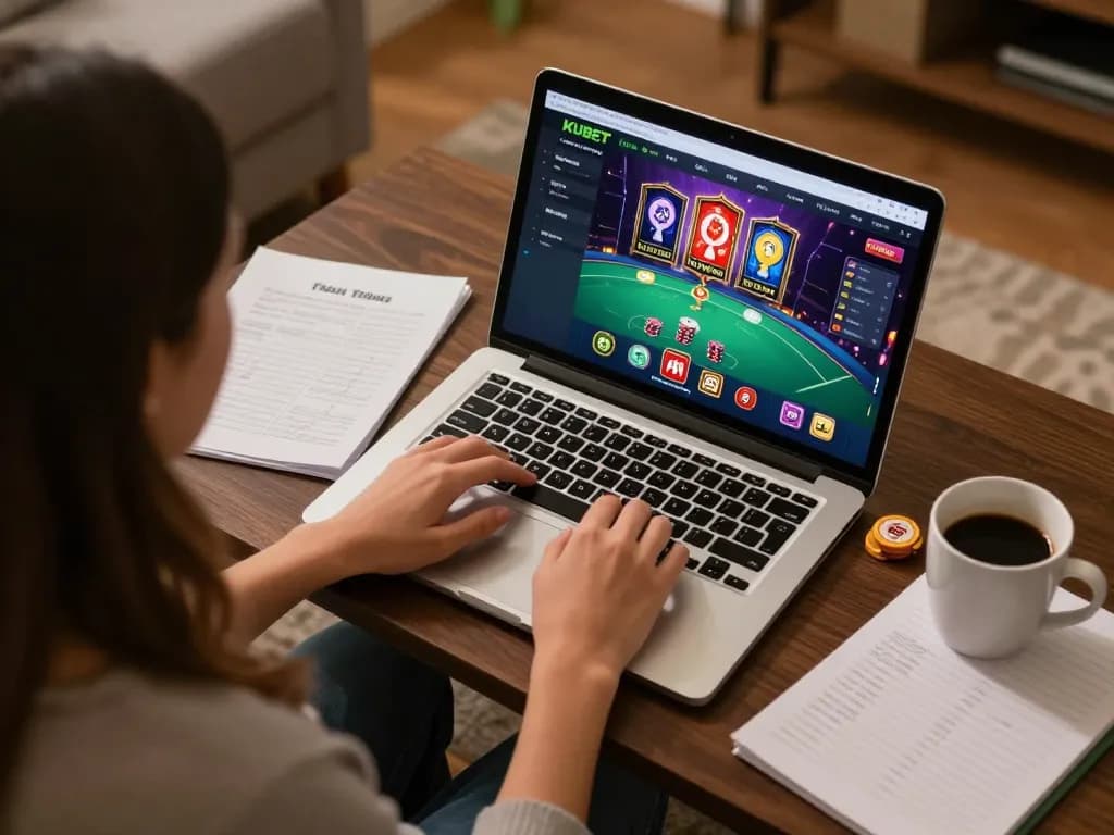 KUBET user enjoying dynamic online casino gameplay on laptop, surrounded by strategy notes and warm lighting.