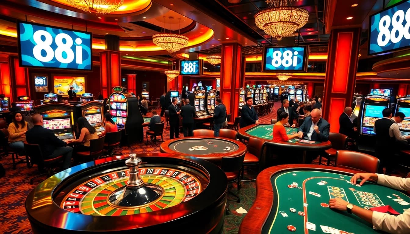 An engaging casino scene featuring 88I among excited players at tables and slot machines.