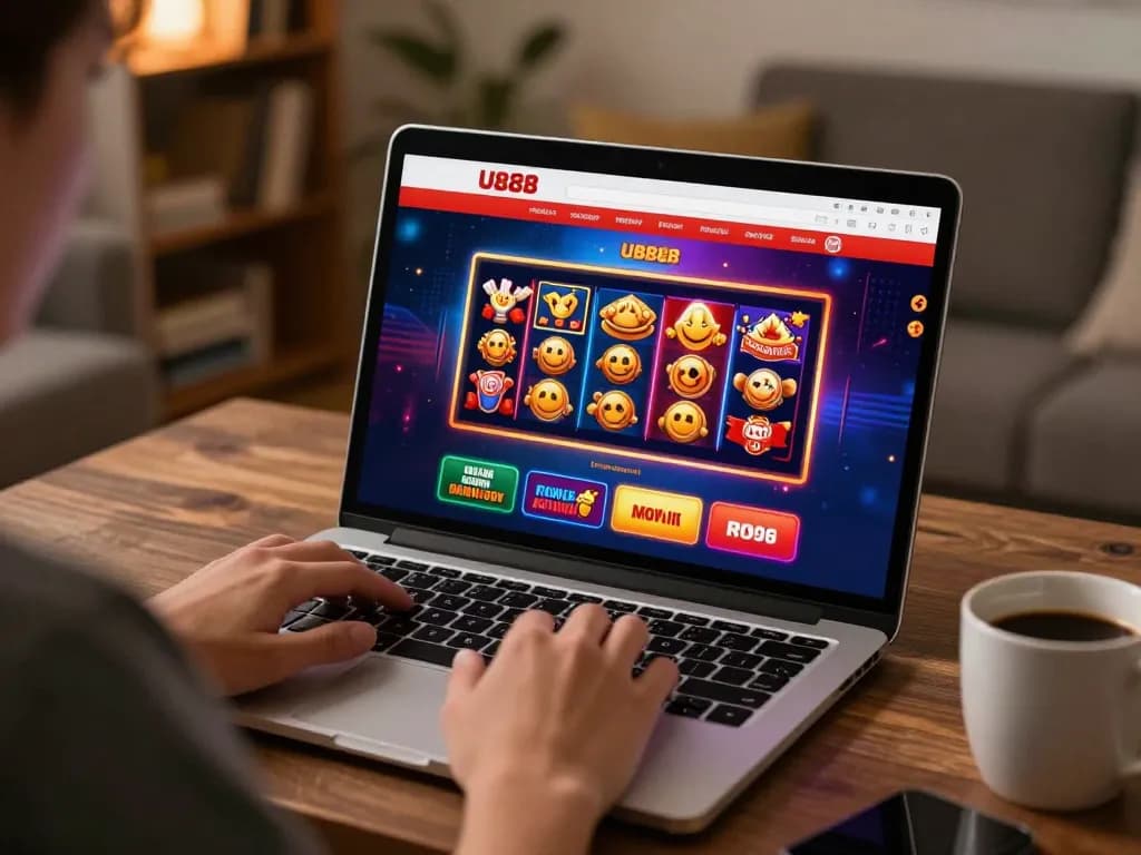 U888 players enjoying an exciting online casino gaming experience on a laptop in a cozy home setting.