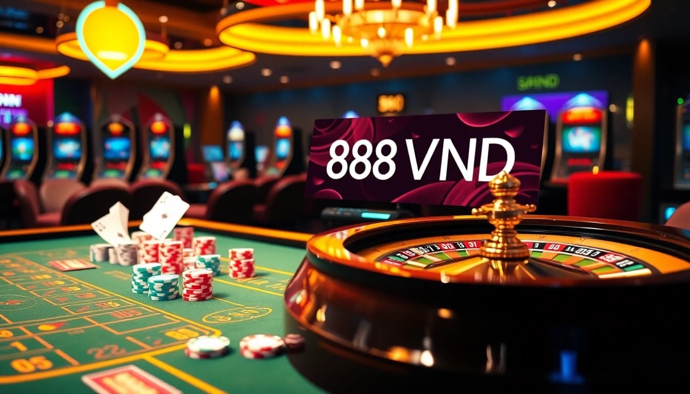 Experience the thrill of 888VND at a luxury casino table with vibrant betting elements.